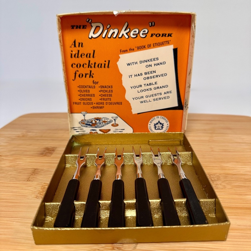 Vintage Dinkee Fork Cocktail Fork Made in Canada MCM Barware 6pc - Picture 2 of 4